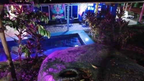 een zwembad in een tuin met een paarse fontein bij Kimara Tayrona Hostel in El Zaino