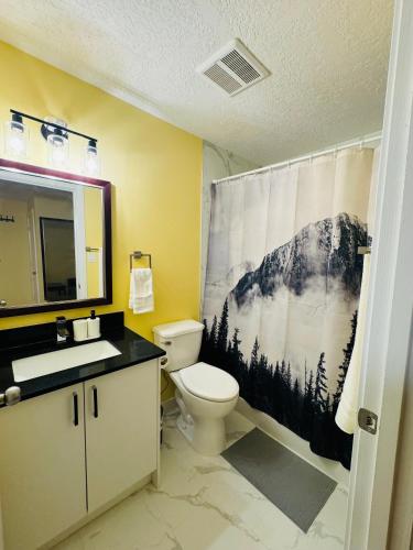 a bathroom with a toilet and a shower curtain at Avola Mountain Lodge in Avola