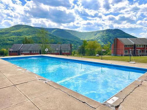 a large blue swimming pool with mountains in the background at SPECTACULAR CATSKILLS 4 BEDROOM VACATION OASIS- Gorgeous Hunter Mountain Views! in Hunter