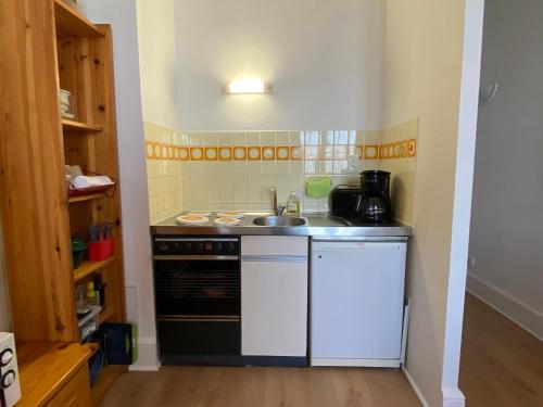 a small kitchen with a sink and a stove at Studio cosy près des quais d'Evian - FR-1-498-51 in Évian-les-Bains