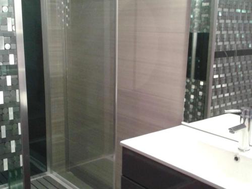 une salle de bain avec une douche avec un lavabo et un miroir dans l'établissement Appartement 3 pièces avec loggia, jardin, accès direct plage, garage - La Grande-Motte - FR-1-328-111, à La Grande Motte