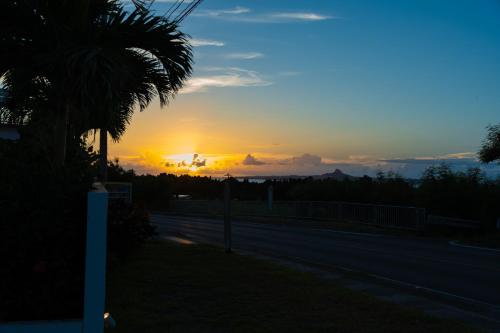 a sunset over a road with a palm tree at Jacuzzi Terrace Okinawa IMS in Motobu