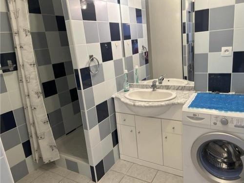 une salle de bain avec une machine à laver et un lavabo dans l'établissement Appartement 2 pièces avec terrasse et parking privé, proche centre et plage - FR-1-229D-131, à Fleury