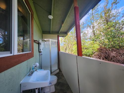 y baño con aseo y lavamanos. en cabin 6 new cottage with private hot tub, en Fern Forest