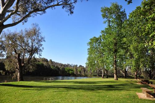 a park with a river and trees and a grass field at Albury Paddlesteamer in Albury