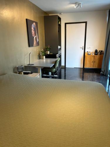 a room with a bathroom with a sink and a table at B&B Noordoostpolder in Emmeloord