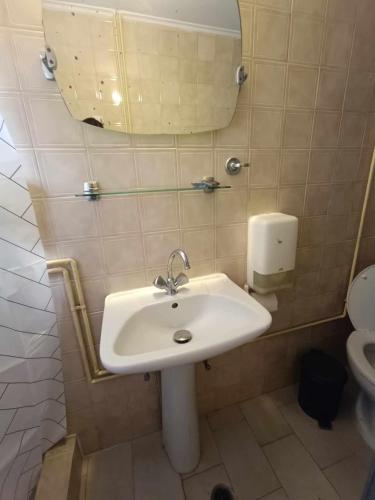 a bathroom with a sink and a mirror and a toilet at Nisaki chios apartments in Agia Ermioni