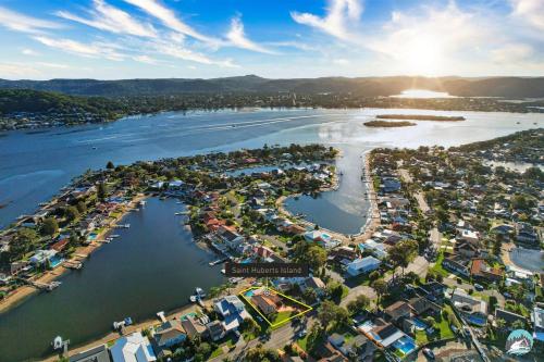 an aerial view of a marina on a river at Aircabin - Woy Woy - Water Front - 6 Beds Lux Home in Daleys Point
