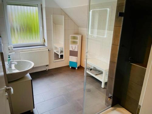 a small bathroom with a sink and a shower at NEU! Ferienwohnung am Park in Nortorf