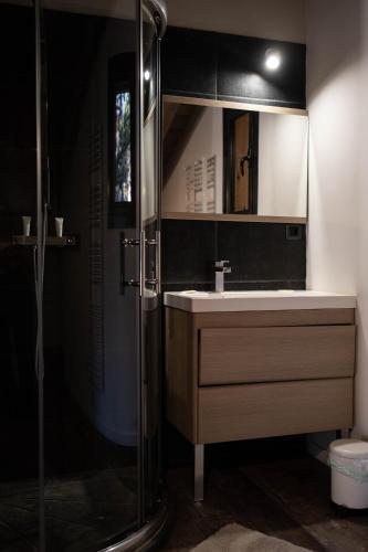 une salle de bain avec un lavabo et une douche dans l'établissement Chalet Husky , Familliale, Calme, Spatieux, à Bolquère-Pyrénées 2000