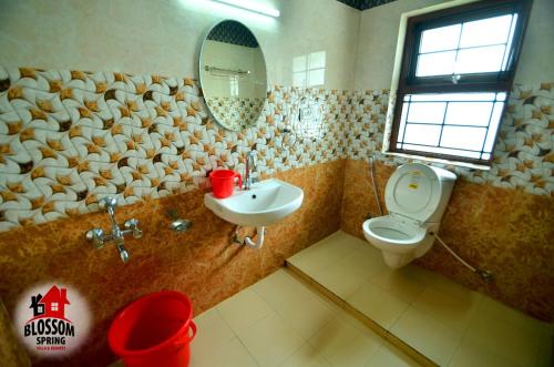 a bathroom with a sink and a toilet and a mirror at Blossom Spring in Ooty