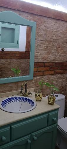 a bathroom with a sink with a mirror and a toilet at Las Hazuelas Villa 15 in Algámitas