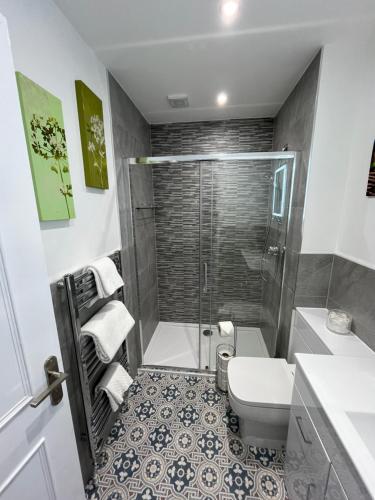 a bathroom with a shower and a toilet and a sink at Mariners Hotel in Seaton