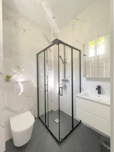 une salle de bain avec une douche, des toilettes et un lavabo dans l'établissement Les Orangers - 3 Pièces avec terrasse arborée, à Nice