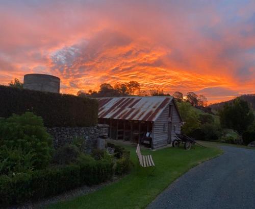 a barn with a bench in front of a sunset at Mountain View Tilba Tilba - Glamping in Tilba Tilba