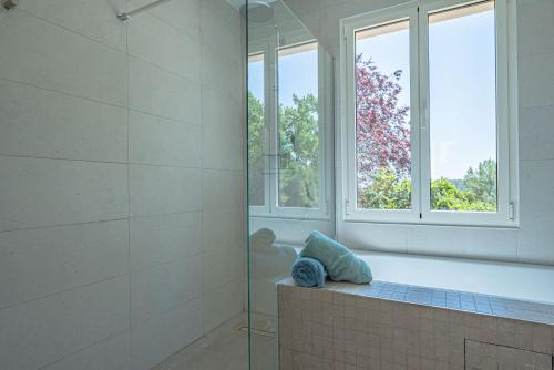 a bathroom with a bath tub and a window at VILLA VOGA- Luxury family holidays Aix-en-Provence in Éguilles