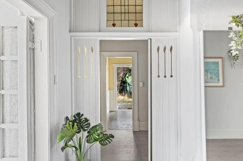 a hallway with white walls and white doors with plants at Modern Private Double Room - Centrally Located - Shared Bathroom in Killara