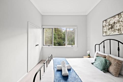 ein weißes Schlafzimmer mit einem Bett und einem Fenster in der Unterkunft Cozy Queen Room - Nearby Transport & Shop - Shared Bathroom in Killara