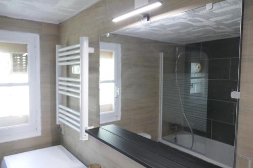 uma casa de banho com uma cabina de duche em vidro e um espelho. em Grand gîte au pays des lavandes em Aurel