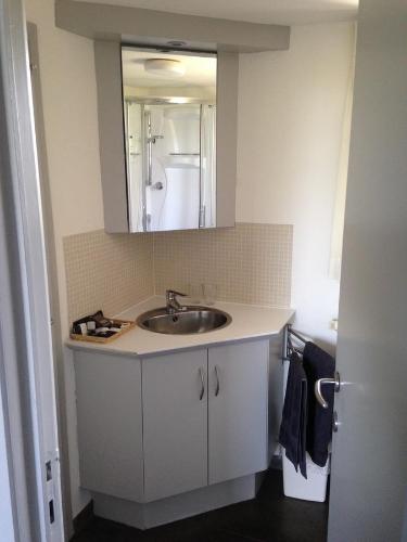 a bathroom with a sink and a mirror at Vakantielogies Boerke Naas in Bruges