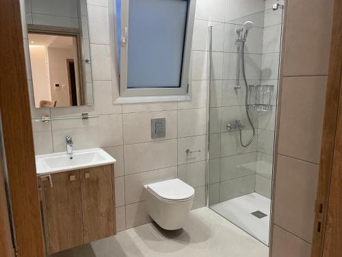 a bathroom with a shower and a toilet and a sink at Rodoni Residence in Strovolos