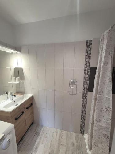 une salle de bain avec un lavabo et un rideau de douche dans l'établissement T2 plain-pied, en centre-ville, à Buzançais