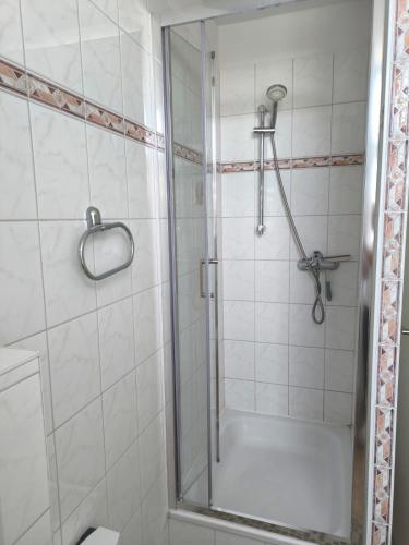 a shower with a glass door in a bathroom at Andrews Ferienwohnungen in Tangermünde