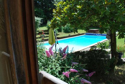 une piscine dans une cour fleurie dans l'établissement Les Roses, avec piscine, tennis et lac privatif, à Guerquesalles