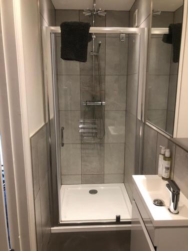 a shower with a glass door next to a sink at The Sapling in Delabole