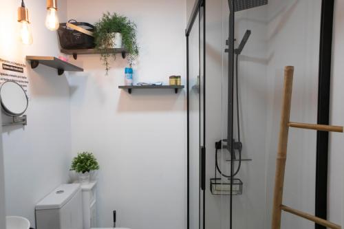 a bathroom with a shower stall and a toilet at La Veiguela de Gijón II, con plaza de garaje y jacuzzi incluido in Gijón