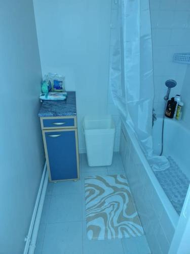 une salle de bain avec une baignoire, un lavabo et une douche dans l'établissement Excellent logis à Marcilly, à Marcilly-sur-Vienne