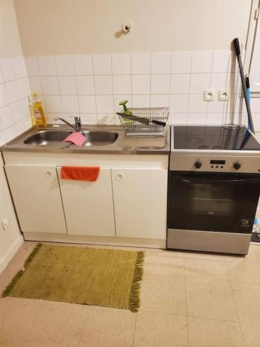 une cuisine avec un évier et une cuisinière dans l'établissement Excellent logis à Marcilly, à Marcilly-sur-Vienne