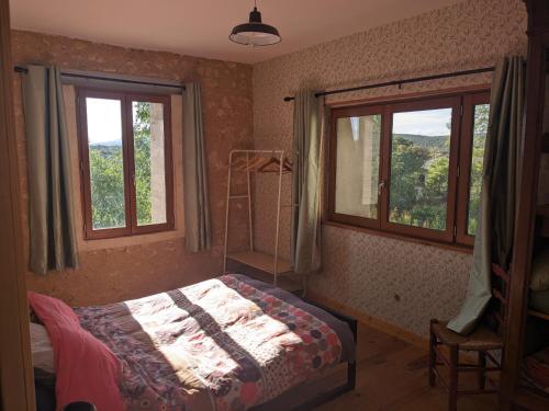 sypialnia z łóżkiem i 2 oknami z widokiem w obiekcie Appartement 1 chambre, 55m2 - Maison de Village de charme 17eme Siecle - Garrigue Héraultaise w mieście Argelliers