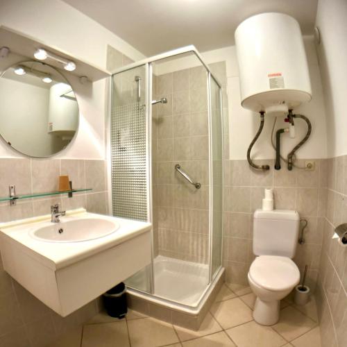 a bathroom with a shower and a sink and a toilet at Seaside Blankenberge in Blankenberge
