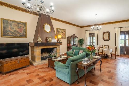 a living room with a couch and a fireplace at Casa rural Azahares de Marchena in Marchena