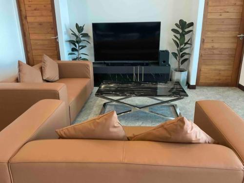 a living room with two brown couches and a tv at Le miroir de la mer in Haad Yao