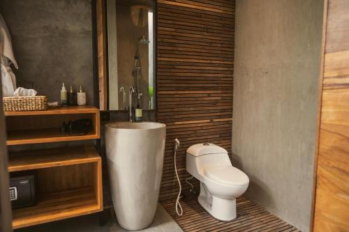 a bathroom with a sink and a toilet in it at Danu Villas Bali in Kerobokan