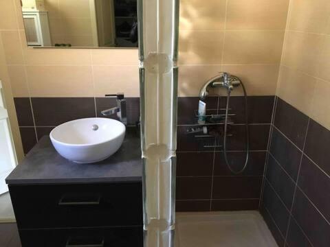 une salle de bain avec un lavabo et une douche dans l'établissement Villa provençale entre Aix en Provence et Luberon, à Rognes