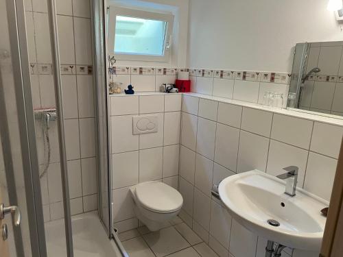 ein Bad mit einem WC und einem Waschbecken in der Unterkunft Einliegerwohnung in ruhiger Lage in Gunningen