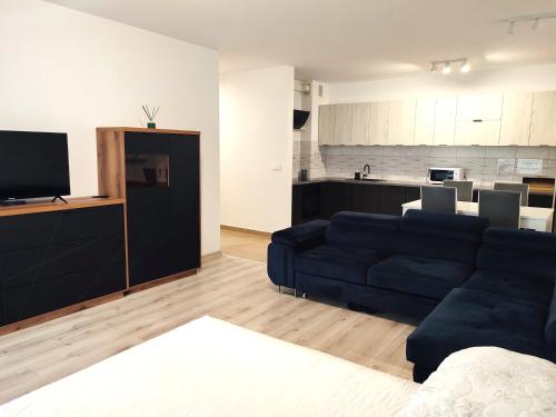 a living room with a blue couch and a kitchen at Apartament Warneńczyka Mielec in Mielec