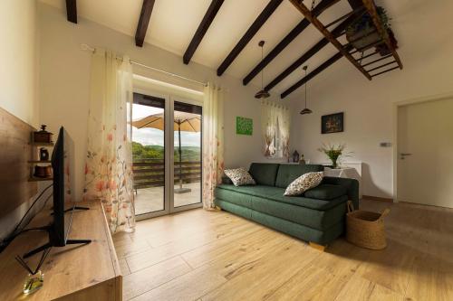 a living room with a green couch and a television at Brkinka Apartments in Vremski Britof