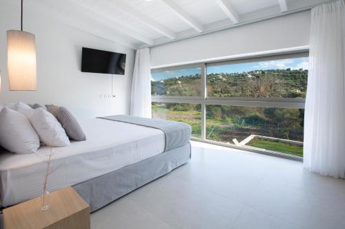 a bedroom with a bed and a large window at Luxury Villa Elpis in Lefkada