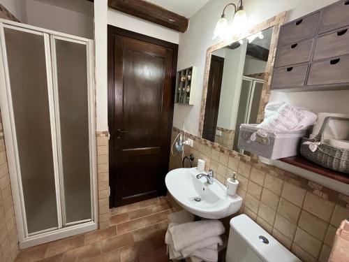 a bathroom with a sink and a toilet and a mirror at Casa Lambertina in Senigallia