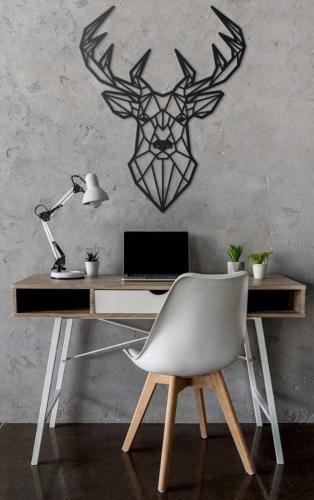 a desk with a laptop and a deer head on the wall at Apartment Roku 2024 - JELEŃ & NATURA in Kudowa-Zdrój