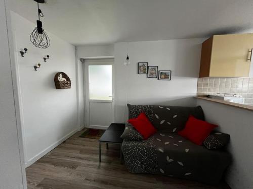 - un salon avec un canapé noir et des oreillers rouges dans l'établissement #Le Capitaine - Proche Stadium -F2 Rez-de-chaussee, à Brive-la-Gaillarde