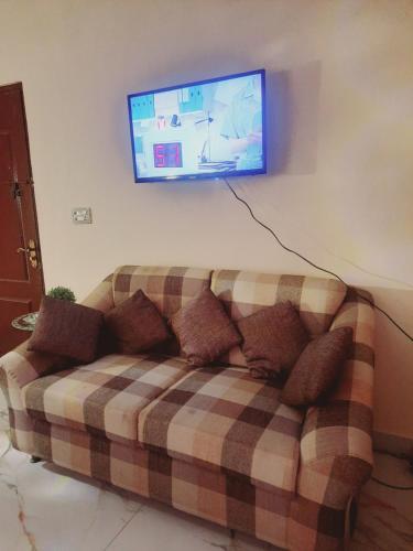 Charming Home banglow في كراتشي: غرفة معيشة مع أريكة وتلفزيون على الحائط