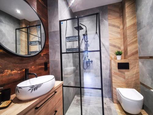 a bathroom with a sink and a shower at Apartment Roku 2024 - JELEŃ & NATURA in Kudowa-Zdrój