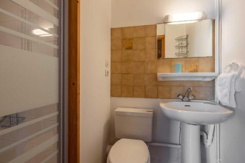 une salle de bain avec un lavabo, des toilettes et un miroir dans l'établissement Studio Hors Piste, à Chamonix-Mont-Blanc
