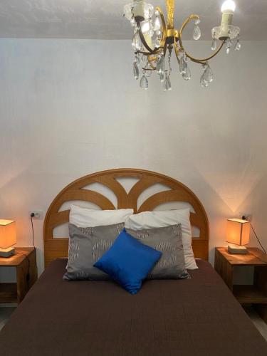 um quarto com uma cama com almofadas azuis e um lustre em Maison d'hôtes Le Beauséjour em Carcassonne