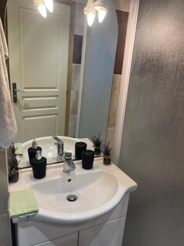 une salle de bain avec un lavabo blanc et un miroir dans l'établissement T2 Hawaï - Malibu Village, à Canet